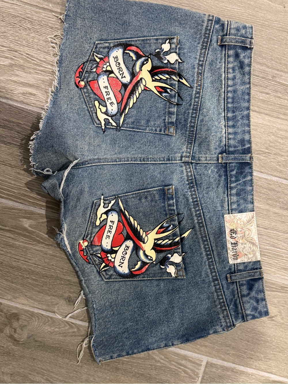 Ed Hardy Blue Denim Shorts with Red & Yellow Swallow Embroidery
